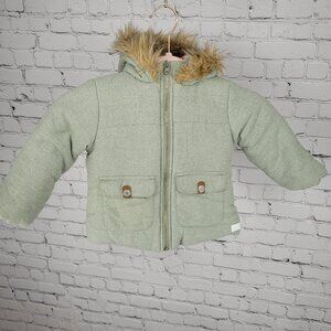 7 For All Mankind  Muted Green 100% Cotton Fur Trim Hooded Jacket Size 24M